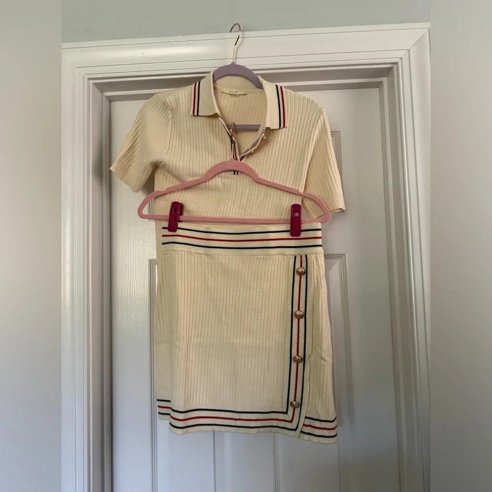 Knit Collar Two Piece Short Sleeve Top and Mini Skirt Matching Set - Picture 2 of 15